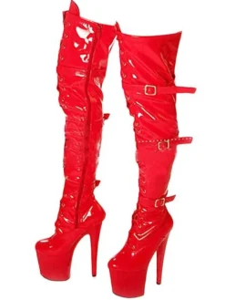 Bottes Femmes Sexy 2026 Rouge Plateforme Détail Boucle Zip Bottes au Dessus de Genou Talon Haut Cuissardes