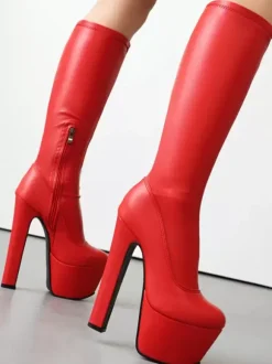 Bottes Femme Verni Sexy Bout Rond Talon Épais Cuissardes Plateforme Épais