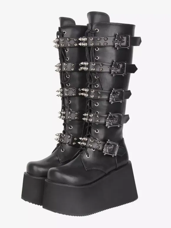 Bottes Gothic Lolita en cuir PU bout rond talon compensé noir