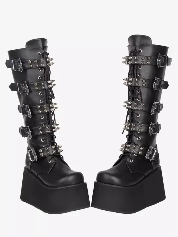 Bottes Gothic Lolita en cuir PU bout rond talon compensé noir