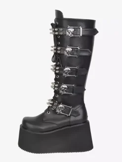 Bottes Gothic Lolita en cuir PU bout rond talon compensé noir
