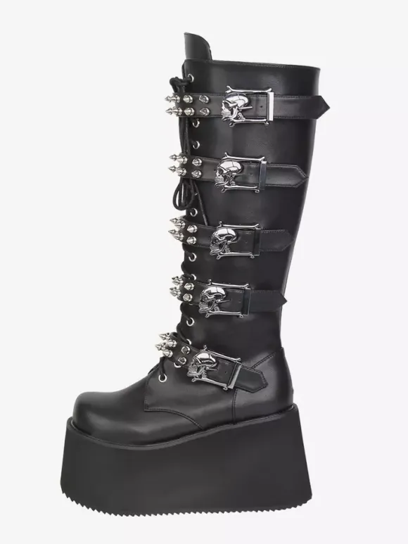 Bottes Gothic Lolita en cuir PU bout rond talon compensé noir