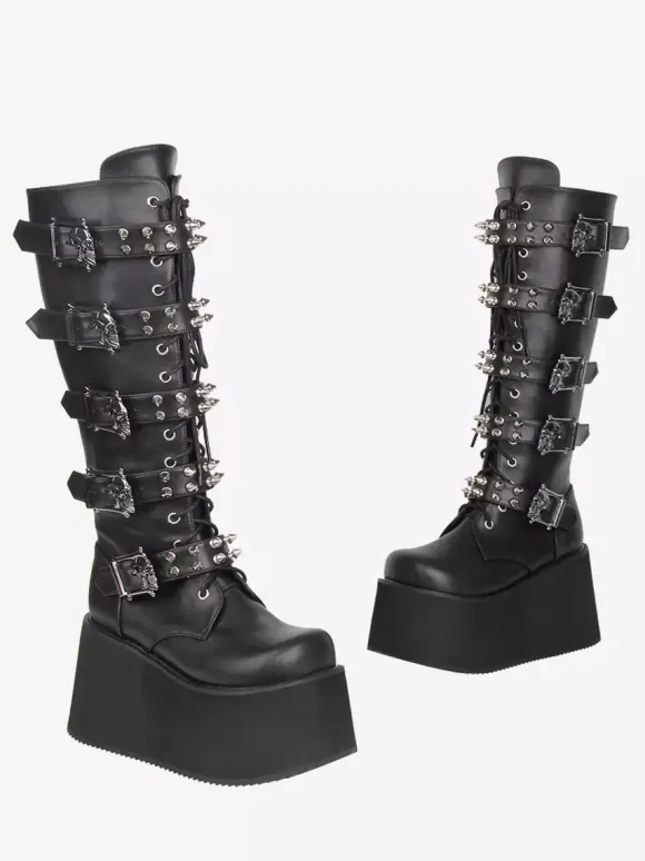 Bottes Gothic Lolita en cuir PU bout rond talon compensé noir