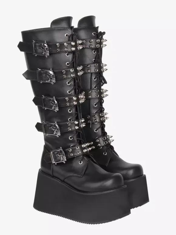Bottes Gothic Lolita en cuir PU bout rond talon compensé noir