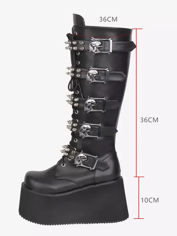 Bottes Gothic Lolita en cuir PU bout rond talon compensé noir