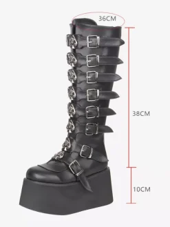 Bottes Gothic Lolita noires en PU à bout rond et talon compensé chaussures Lolita à plateforme