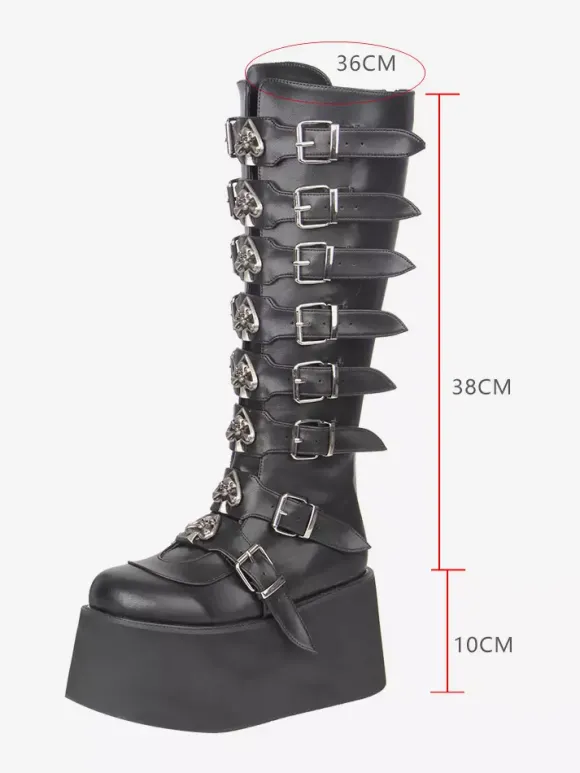 Bottes Gothic Lolita noires en PU à bout rond et talon compensé chaussures Lolita à plateforme