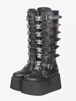 Bottes Gothic Lolita noires en PU à bout rond et talon compensé chaussures Lolita à plateforme