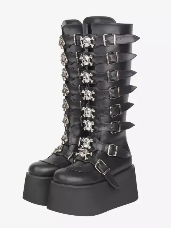Bottes Gothic Lolita noires en PU à bout rond et talon compensé chaussures Lolita à plateforme