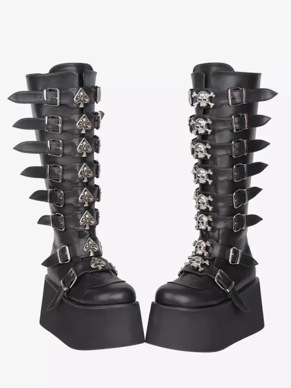 Bottes Gothic Lolita noires en PU à bout rond et talon compensé chaussures Lolita à plateforme