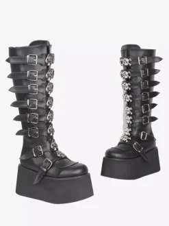 Bottes Gothic Lolita noires en PU à bout rond et talon compensé chaussures Lolita à plateforme