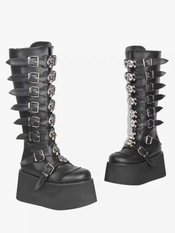 Bottes Gothic Lolita noires en PU à bout rond et talon compensé chaussures Lolita à plateforme