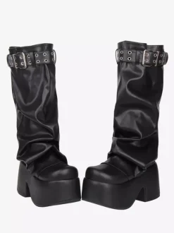 Bottes Gothic Lolita noires en PU à bout rond et talon compensé en cuir PU