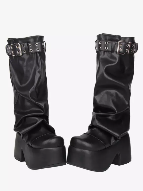 Bottes Gothic Lolita noires en PU à bout rond et talon compensé en cuir PU