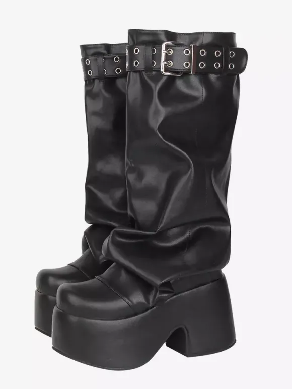 Bottes Gothic Lolita noires en PU à bout rond et talon compensé en cuir PU