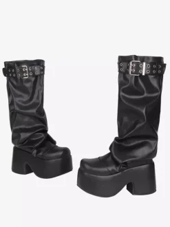 Bottes Gothic Lolita noires en PU à bout rond et talon compensé en cuir PU