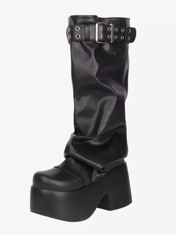 Bottes Gothic Lolita noires en PU à bout rond et talon compensé en cuir PU