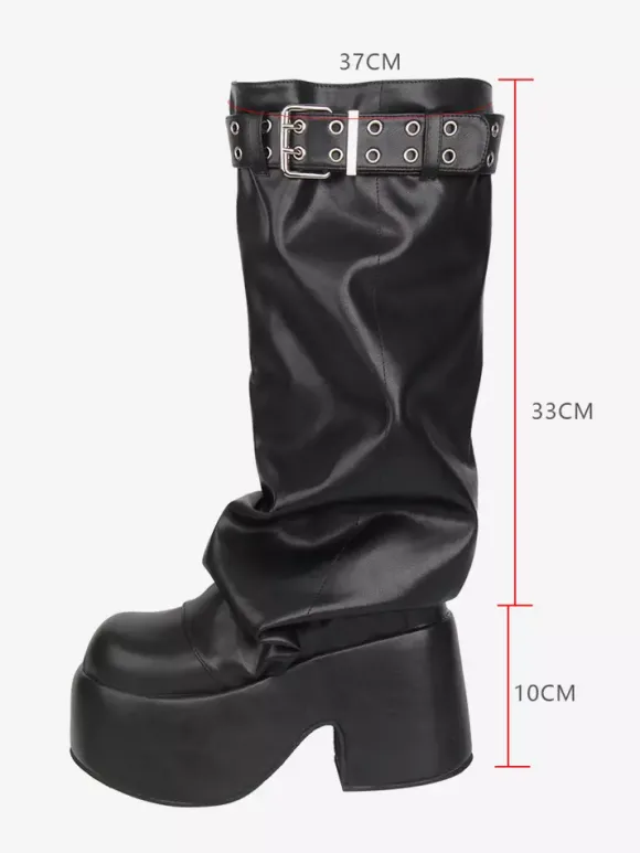 Bottes Gothic Lolita noires en PU à bout rond et talon compensé en cuir PU