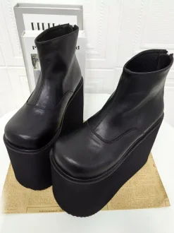 Bottes Gothic Lolita à plateforme bout rond en cuir PU noir hauteur cheville