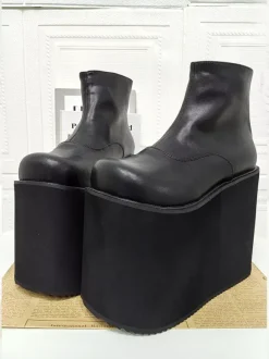 Bottes Gothic Lolita à plateforme bout rond en cuir PU noir hauteur cheville