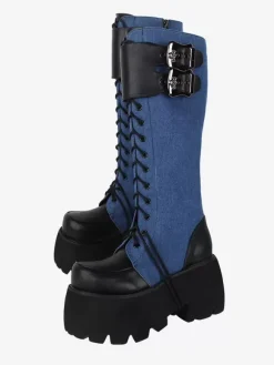 Bottes gothiques Lolita avec 艙illets noirs bout rond métallique chaussures Lolita en cuir PU
