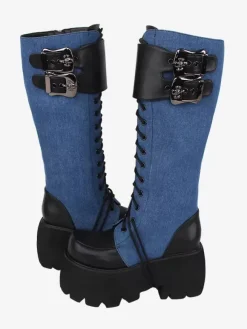 Bottes gothiques Lolita avec 艙illets noirs bout rond métallique chaussures Lolita en cuir PU
