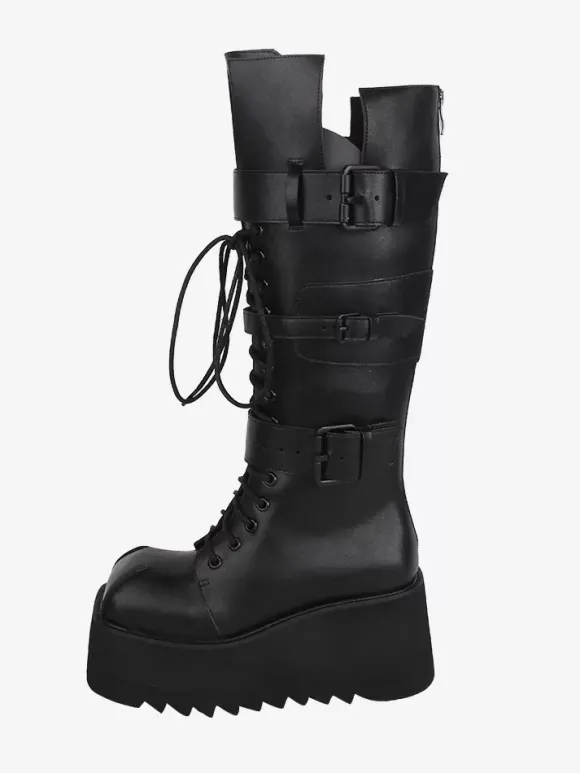 Bottes gothiques Lolita avec 艙illets noirs bout rond métallique chaussures Lolita en cuir PU