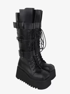 Bottes gothiques Lolita avec 艙illets noirs bout rond métallique chaussures Lolita en cuir PU