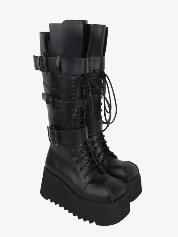 Bottes gothiques Lolita avec 艙illets noirs bout rond métallique chaussures Lolita en cuir PU