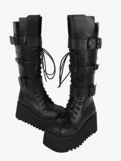 Bottes gothiques Lolita avec 艙illets noirs bout rond métallique chaussures Lolita en cuir PU