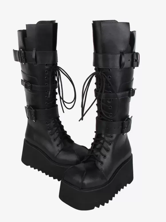 Bottes gothiques Lolita avec 艙illets noirs bout rond métallique chaussures Lolita en cuir PU