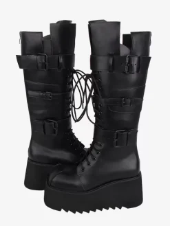 Bottes gothiques Lolita avec 艙illets noirs bout rond métallique chaussures Lolita en cuir PU