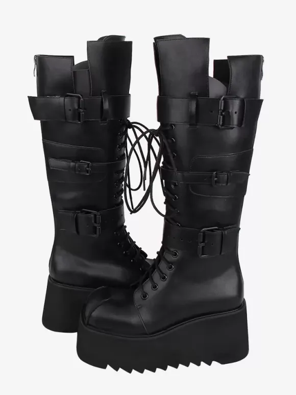 Bottes gothiques Lolita avec 艙illets noirs bout rond métallique chaussures Lolita en cuir PU