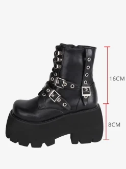 Bottes gothiques Lolita en cuir PU à bout rond  chaussures Lolita noires
