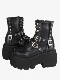 Bottes gothiques Lolita en cuir PU à bout rond  chaussures Lolita noires