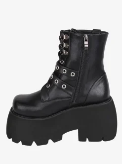 Bottes gothiques Lolita en cuir PU à bout rond  chaussures Lolita noires
