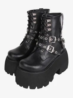 Bottes gothiques Lolita en cuir PU à bout rond  chaussures Lolita noires