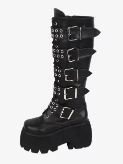 Bottes gothiques Lolita en cuir PU rivets métalliques à paillettes 艙illets bout rond chaussures Lolita noires