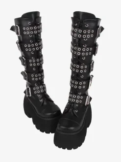 Bottes gothiques Lolita en cuir PU rivets métalliques à paillettes 艙illets bout rond chaussures Lolita noires