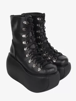 Bottes gothiques Lolita en cuir PU métallisé à bout rond chaussures Lolita noires