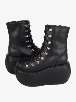 Bottes gothiques Lolita en cuir PU métallisé à bout rond chaussures Lolita noires