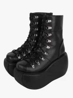 Bottes gothiques Lolita en cuir PU métallisé à bout rond chaussures Lolita noires
