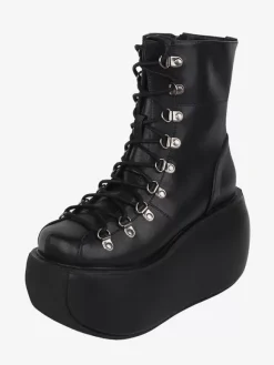 Bottes gothiques Lolita en cuir PU métallisé à bout rond chaussures Lolita noires
