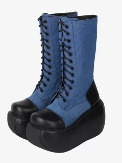 Bottes Gothiques Lolita en Cuir PU Bicolore à Lacets Bout Rond Chaussures Lolita Noires