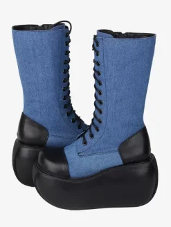 Bottes Gothiques Lolita en Cuir PU Bicolore à Lacets Bout Rond Chaussures Lolita Noires