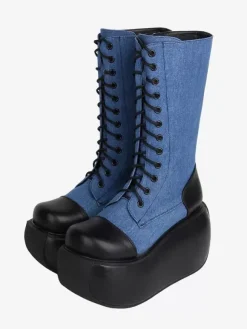 Bottes Gothiques Lolita en Cuir PU Bicolore à Lacets Bout Rond Chaussures Lolita Noires