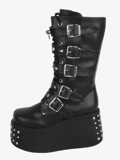 Bottes gothiques Lolita en cuir PU avec 艙illets métalliques bout rond chaussures Lolita noires