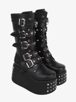 Bottes gothiques Lolita en cuir PU avec 艙illets métalliques bout rond chaussures Lolita noires