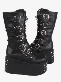 Bottes gothiques Lolita en cuir PU avec 艙illets métalliques bout rond chaussures Lolita noires