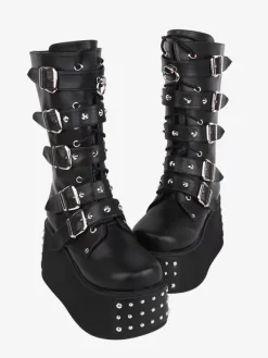 Bottes gothiques Lolita en cuir PU avec 艙illets métalliques bout rond chaussures Lolita noires